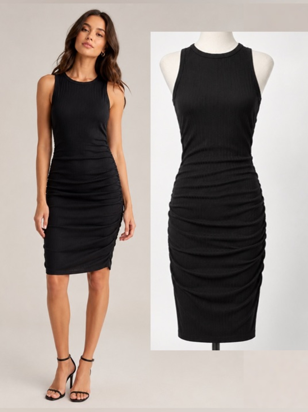 NWT CIDER Scoop Neck Sleeveless Black Ruched Body-con Dress Sz M/L